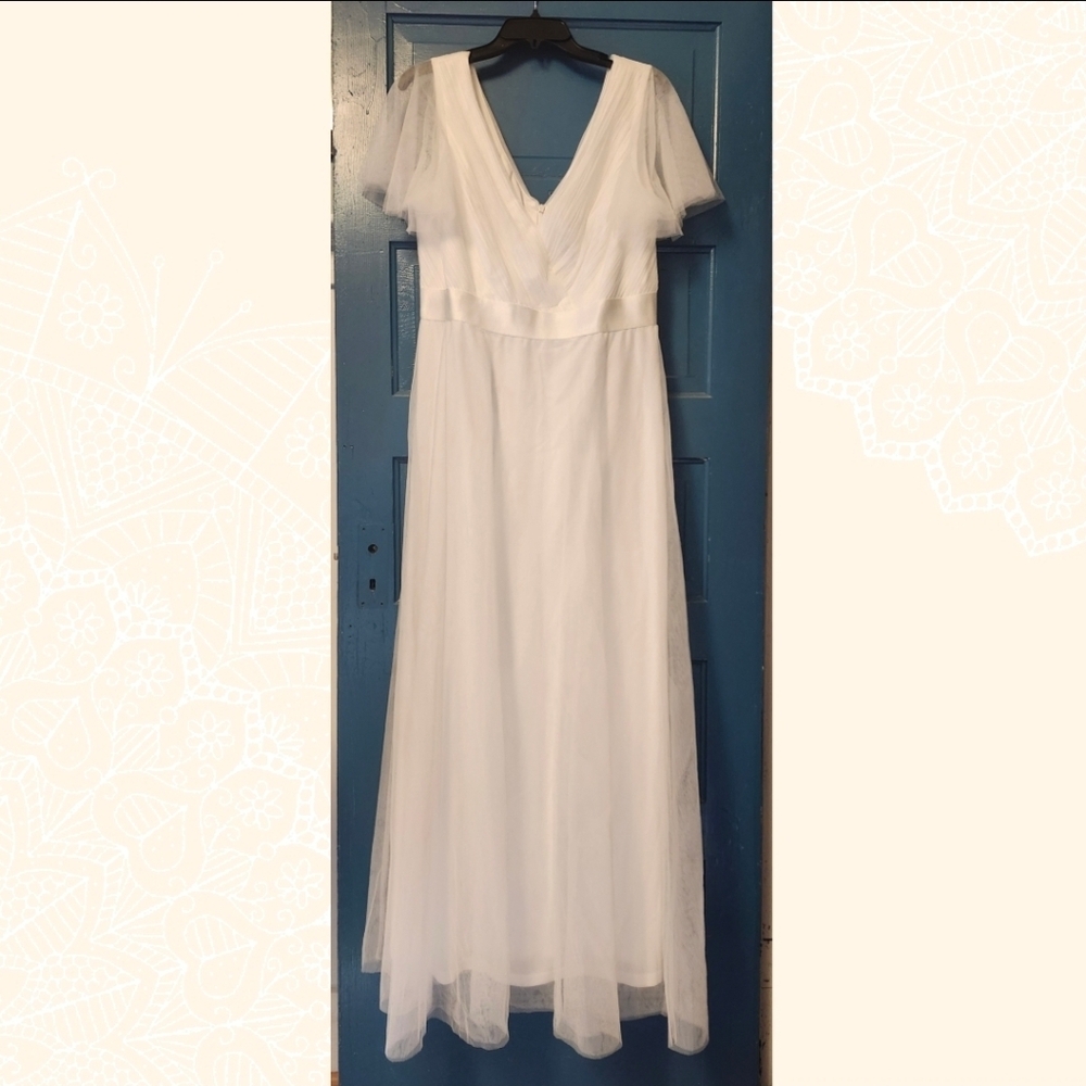 Double V-Neck Floor-Length Short Sleeve Tulle Dresse